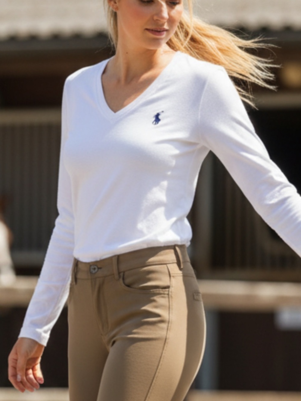 Ralph Lauren Blue Label White V Neck Long Sleeve Cotton Shirt Pony